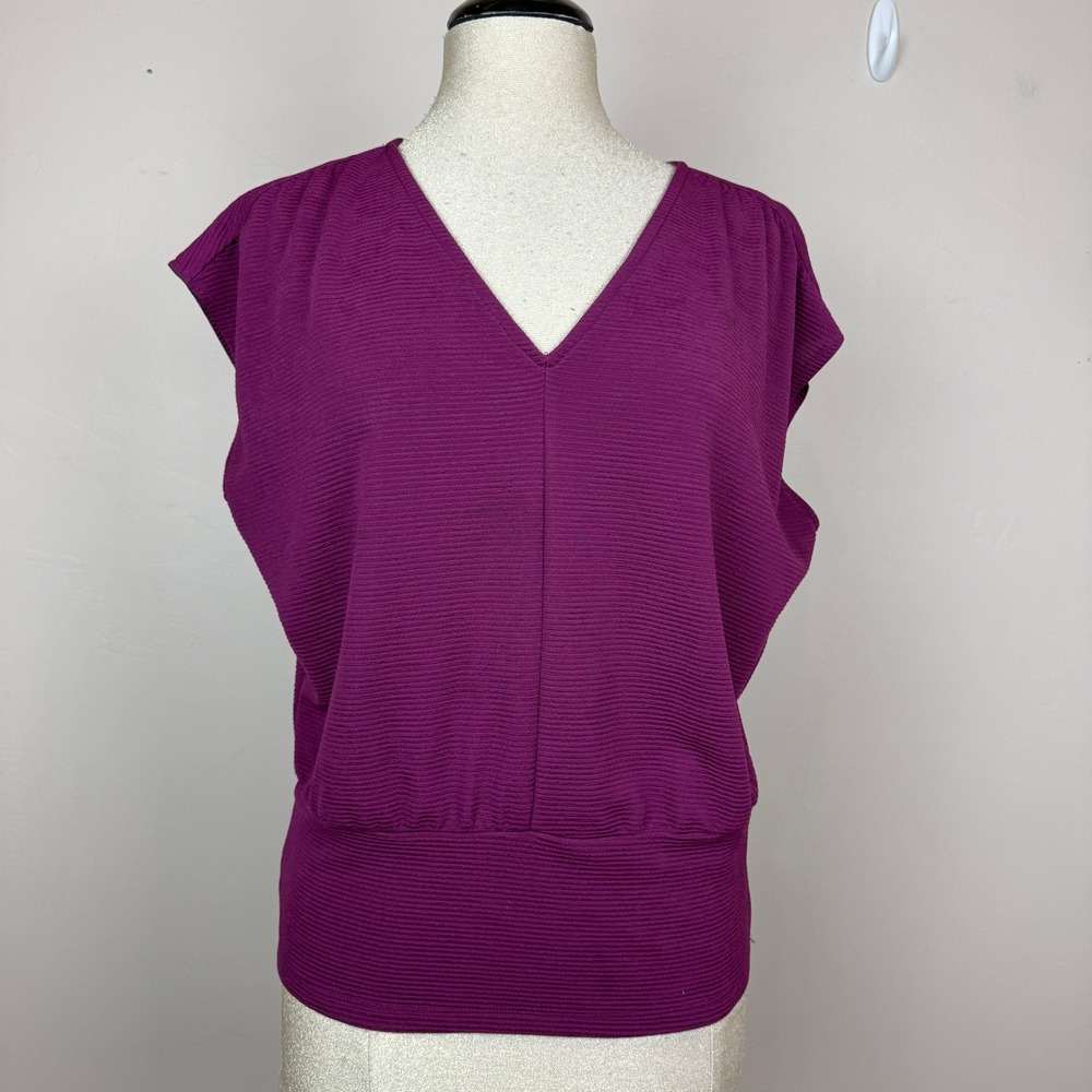 Ann Taylor Factory Blouse Women LP Plum Ribbed Banded Hem Capsule Career Office